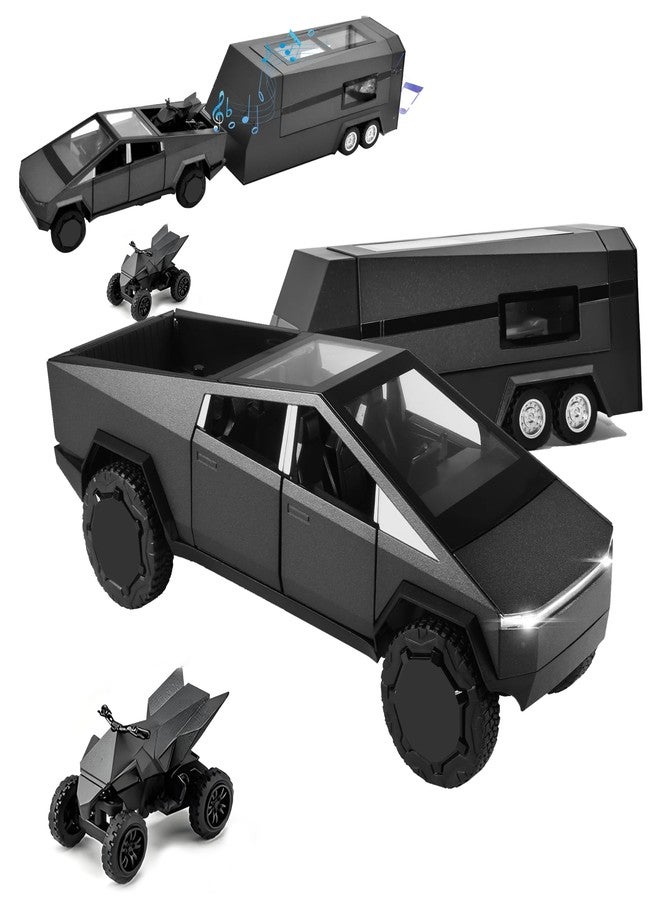 Miortior Truck Toy, Car Toy with RV, Motorcycle Cybertquad and Truck, 1/32 Alloy Diecast Pickup Trailer Model Kit with Light and Sound, for Kids Aged 6 and Up - Black - Image 1